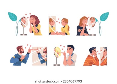 Self Love with People Character Admiring Themselves Look in Mirror Delighted with Appearance Vector Set