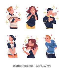 Self Love with People Character Admiring Themselves Delighted with Appearance Vector Set