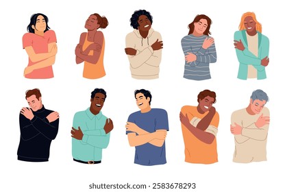 Self love people. Men and women hugging themselves, happy guys and girls characters, psychology concept, care, support and respect, embracing yourself, cartoon isolated tidy vector set