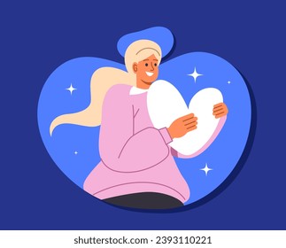 Self love poster. Woman with white heart in hands. Psychology and mental health. Acceptance and confidence. Booklet and leaflet. Cartoon flat vector illustration isolated on blue background