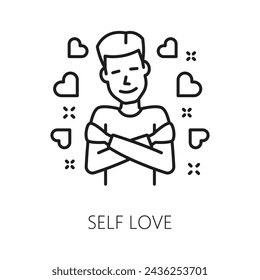 Self love psychological disorder problem, mental health. Human psychology, psychotherapy problem thin line vector sign. Cognitive disorder or mental health line pictogram with man hugging himself