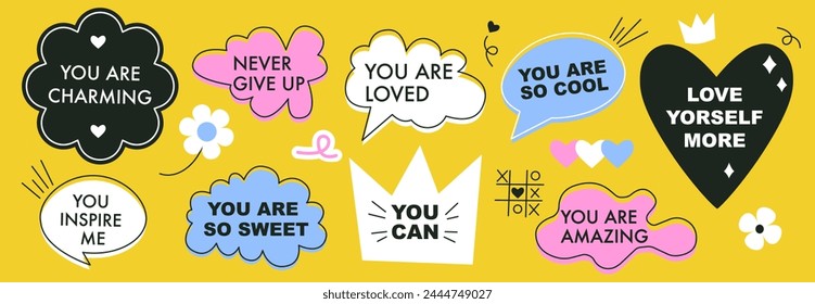 Self love quotes. Set of speech bubbles with compliment phrases. Bright colored stickers collection. Flat vector isolated illustration