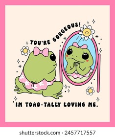 Self Love Retro Frog Girl reflection in mirror minimal doodle drawing wall art printble