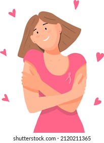 Self love, romantic girl hug herself. Self-care, body positive. World breast cancer day. Vector illustration