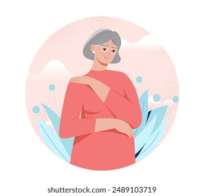 El concepto senior de amor propio. Una anciana se abraza. Alta autoestima y autoaceptación. Sentimientos positivos y emociones. Salud psicológica y mental. Ilustración vectorial plana