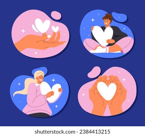 Self love set. Self confidence and acceptance. Positive emotions and feelings. Women with big white hearts. Mental health and psychology. Cartoon flat vector collection isolated on blue background