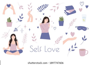 Self Love set vector illustration. Self care clipart collection. 