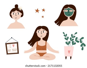 Self love set. Young women. Flat vector characters. Self care illustrations