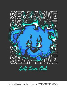 self love slogan with cartoon bear doll head vector illustration on black background