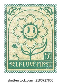 Self love slogan print design in vintage stamp style with flower and ornaments illustrations