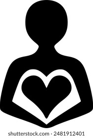 Icono humano de la meditación de la espiritualidad del amor propio que sostiene una Ilustración vectorial monocromática del logotipo negro del corazón