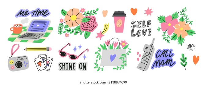 Self love stickers set with floral motifs. Include illustrations of simple everyday things like laptop, photo camera, coffee, phone calls etc. This cute vector pack is full of everyday magic.