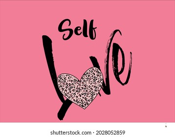 Self love text lettering with leopard heart desing art