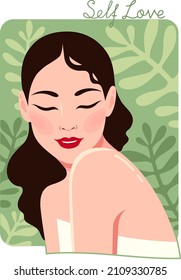 Self Love Text. Minimalistic Portrait Of Beautiful Asian Woman With Palm Leaves. Vector Illustration In Flat Style