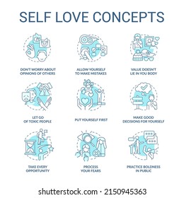 Self love turquoise concept icons set. Care about personal mental wellness idea thin line color illustrations. Isolated symbols. Editable stroke. Roboto-Medium, Myriad Pro-Bold fonts used