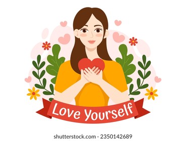 Self Love Vector Illustration with Women Love Yourself, Relaxation, Motivational Phrases and Hearts in Flat Cartoon Hand Drawn Background Templates