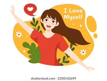 Self Love Vector Illustration with Women Love Yourself, Relaxation, Motivational Phrases and Hearts in Flat Cartoon Hand Drawn Background Templates