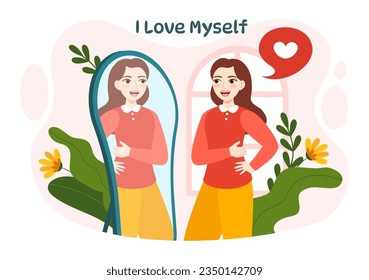 Self Love Vector Illustration with Women Love Yourself, Relaxation, Motivational Phrases and Hearts in Flat Cartoon Hand Drawn Background Templates