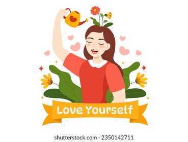 Self Love Vector Illustration with Women Love Yourself, Relaxation, Motivational Phrases and Hearts in Flat Cartoon Hand Drawn Background Templates