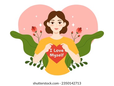 Self Love Vector Illustration with Women Love Yourself, Relaxation, Motivational Phrases and Hearts in Flat Cartoon Hand Drawn Background Templates