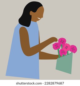 Self Love Woman Buying Herself Flowers Vector Illustration Simple Flat Art