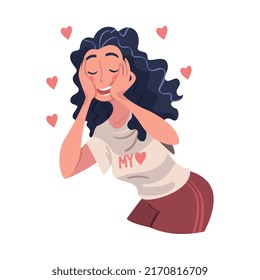 Self Love with Woman Character Admiring Herself Delighted with Her Appearance with Heart Around Vector Illustration