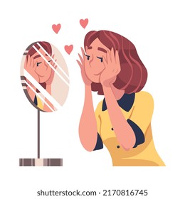 Self Love with Woman Character Admiring Herself Looking in Mirror Delighted with Her Appearance Reflection Vector Illustration