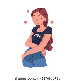 Self Love with Woman Character Admiring Herself Delighted with Her Appearance Hugging with Heart Around Vector Illustration