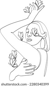Self love. Woman with flowers .Illustration of female body with magnolias. Minimalist line logo Modern black and white art