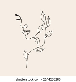 Self Love Woman With Flowers On Head Feminine Floral Face Illustration Minimalist Line Logo Modern Black And White Art