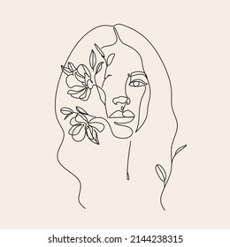 Autoamor Mujer con flores en la cabeza Feminine Floral Face ilustración Línea minimalista Arte moderno blanco y negro