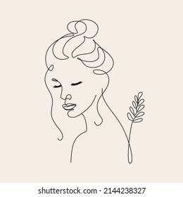 Autoamor Mujer con flores en la cabeza Feminine Floral Face ilustración Línea minimalista Arte moderno blanco y negro