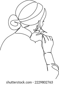 Autoamor Mujer con flores en la cabeza Feminine Floral Face ilustración Línea minimalista Arte moderno blanco y negro