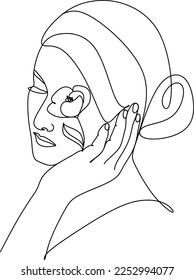 Self love Woman with flowers on head Feminine Floral Face illustration Minimalist line logo Modern black and white art