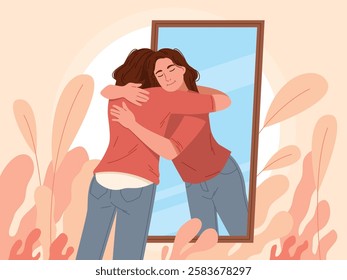 Self love. Woman hugs her reflection in mirror, acceptance, comfort, psychological health, harmony, positive emotions, motivation cartoon flat isolated tidy vector psychology concept