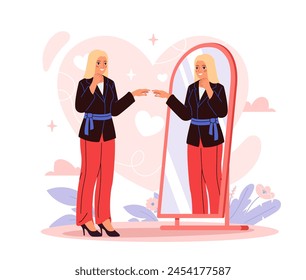 Mujer del amor propio en el espejo. Joven sonriendo mirando su reflejo. Sentimientos positivos y emociones. Aceptación y confianza. Ilustración vectorial plana de dibujos animados aislada sobre fondo blanco