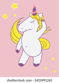 Self loving unicorn, postcard, flat illustration with pink background