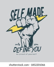 self made slogan with hand holding thunder bolt ilustration