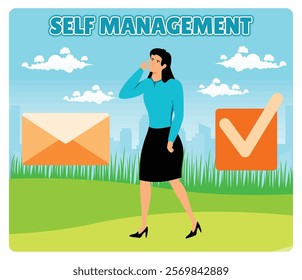 Self management concept, showing a professional woman accompanied by symbols representing communication and task completion.  Flat vector modern illustration ac