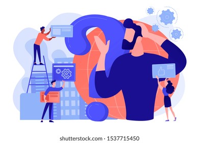 Self management, life coaching. Man doubting, questioning, brainstorming. Identity crisis, delirium and mental confusion, confused feelings concept. Pinkish coral bluevector isolated illustration