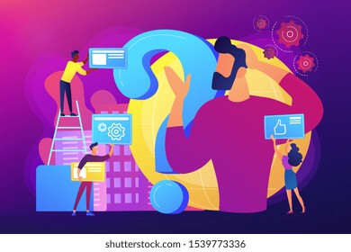 Autogestión, preparación para la vida. Hombre dudando, cuestionando, dando tormentas de ideas. Crisis de identidad, delirio y confusión mental, concepto de sentimientos confusos. Ilustración aislada del vector violeta brillante brillante brillante brillante