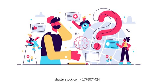 Self management, life coaching. Man doubting, questioning, brainstorming.Bright vibrant violet vector isolated illustration