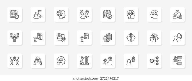 Conjunto cohesivo de iconos vectoriales minimalistas que representan ideas clave con claridad visual