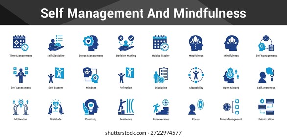 Self Management And Mindfulness Cohesive set of minimalist vector icons representing key ideas with visual clarity