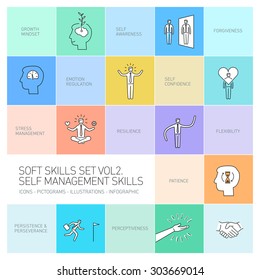 Self management soft skills vector linear icons and pictograms set black on colorful background