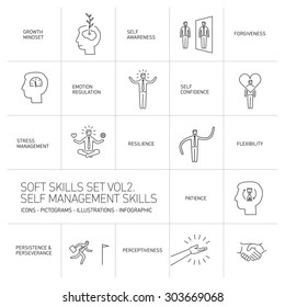 Self management soft skills vector linear icons and pictograms set black on white background