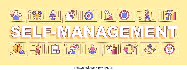 Self Management Word Concepts Banner. Goal Setting, Work Life Balance. Infographics With Linear Icons On Orange Background. Isolated Typography. Vector Outline RGB Color Illustration