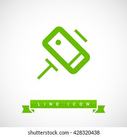 a self mobile phone in a holder self isolated minimal single flat linear icon in color. Line vector icon for websites and mobile minimalistic flat design.