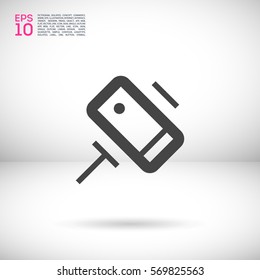 a self mobile phone in a holder self isolated minimal single flat linear icon in color. Line vector icon for websites and mobile minimalistic flat design.