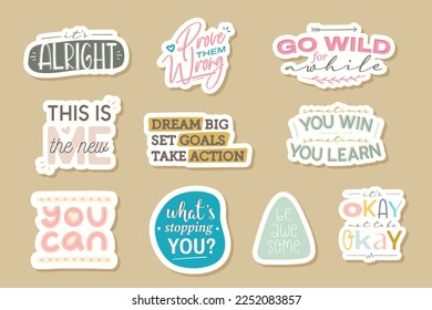 Self Motivational Short Quote Digital Stickers. Planner Scrapbook Vector Design Template. Printable Cute Stickers EPS 10